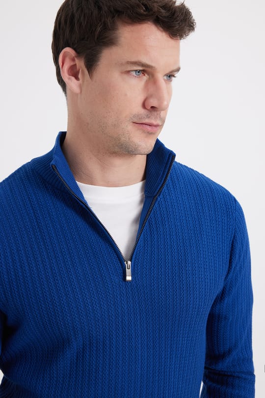 Slim Fit Dar Kesim Dik Yaka Fermuarlı Desenli Saks Mavi Erkek Triko Kazak