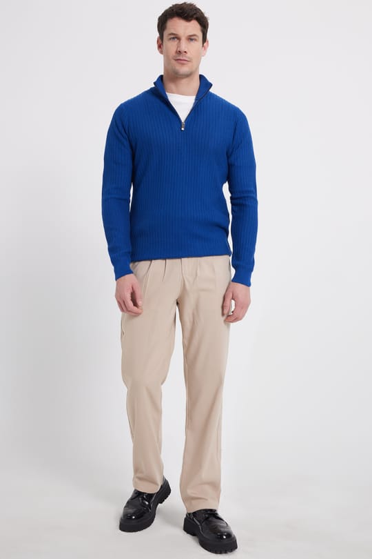 Slim Fit Dar Kesim Dik Yaka Fermuarlı Desenli Saks Mavi Erkek Triko Kazak