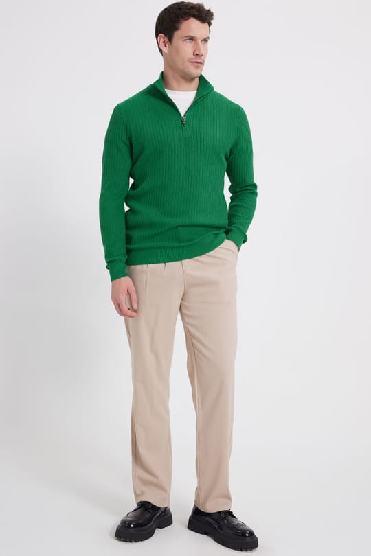 Erkek Slim Fit Dar Kesim Dik Yaka Fermuarlı Yeşil Kazak