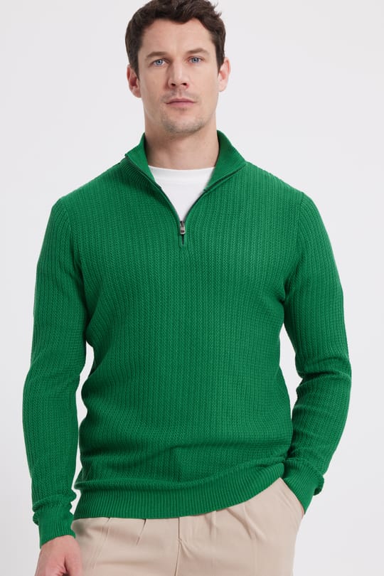 Erkek Slim Fit Dar Kesim Dik Yaka Fermuarlı Yeşil Kazak