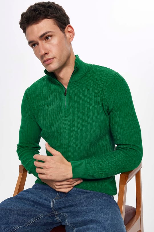 Erkek Slim Fit Dar Kesim Dik Yaka Fermuarlı Yeşil Kazak