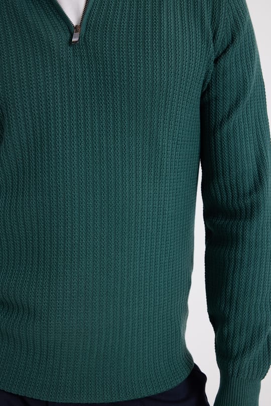 Slim Fit Dar Kesim Dik Yaka Fermuarlı Desenli Yeşil Erkek Triko Kazak