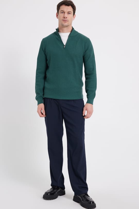 Slim Fit Dar Kesim Dik Yaka Fermuarlı Desenli Yeşil Erkek Triko Kazak