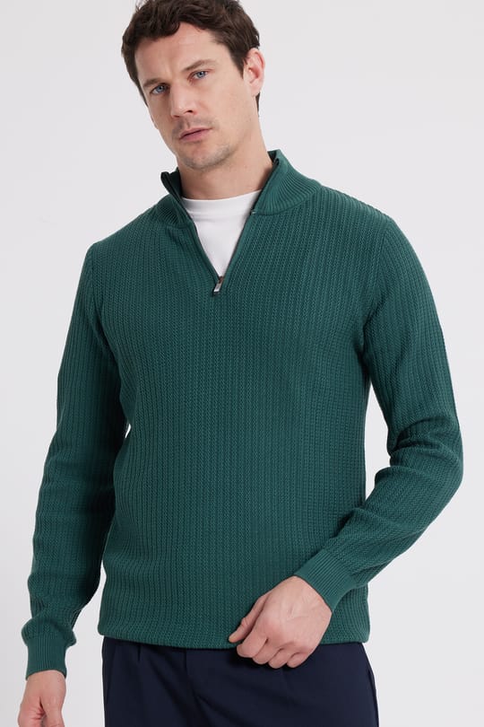 Slim Fit Dar Kesim Dik Yaka Fermuarlı Desenli Yeşil Erkek Triko Kazak