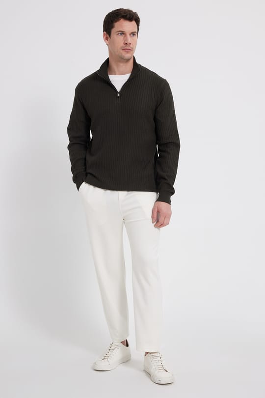 Erkek Slim Fit Dar Kesim Dik Yaka Fermuarlı Koyu Haki Kazak