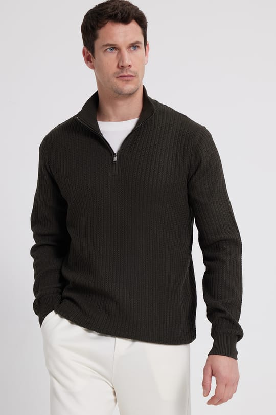 Erkek Slim Fit Dar Kesim Dik Yaka Fermuarlı Koyu Haki Kazak