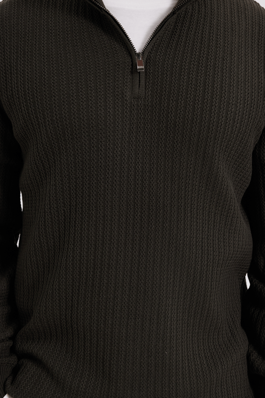 Erkek Slim Fit Dar Kesim Dik Yaka Fermuarlı Koyu Haki Kazak