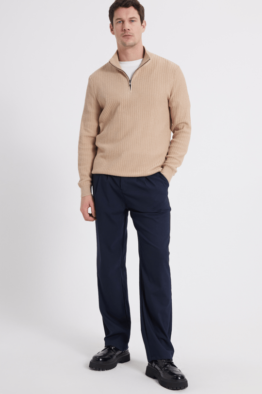 Slim Fit Dar Kesim Dik Yaka Fermuarlı Desenli Bej Erkek Triko Kazak