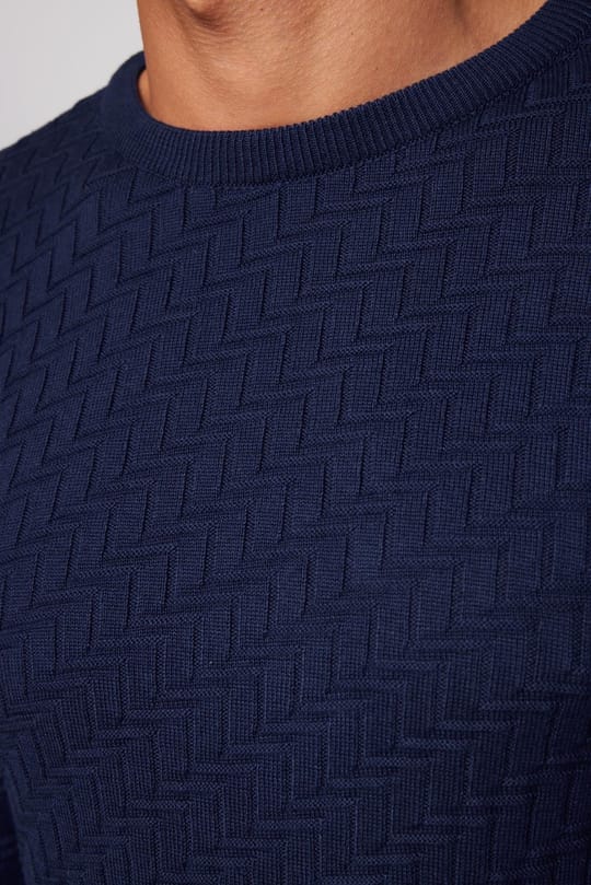 Erkek Slim Fit Dar Kesim Bisiklet Yaka Desenli Lacivert Triko Kazak