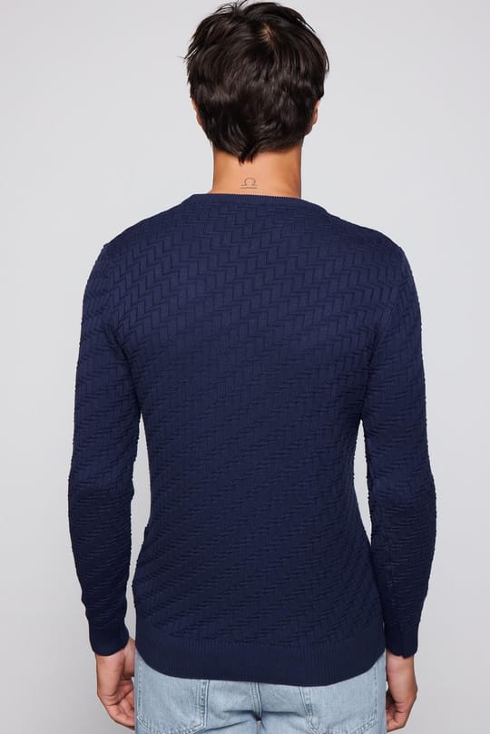 Erkek Slim Fit Dar Kesim Bisiklet Yaka Desenli Lacivert Triko Kazak