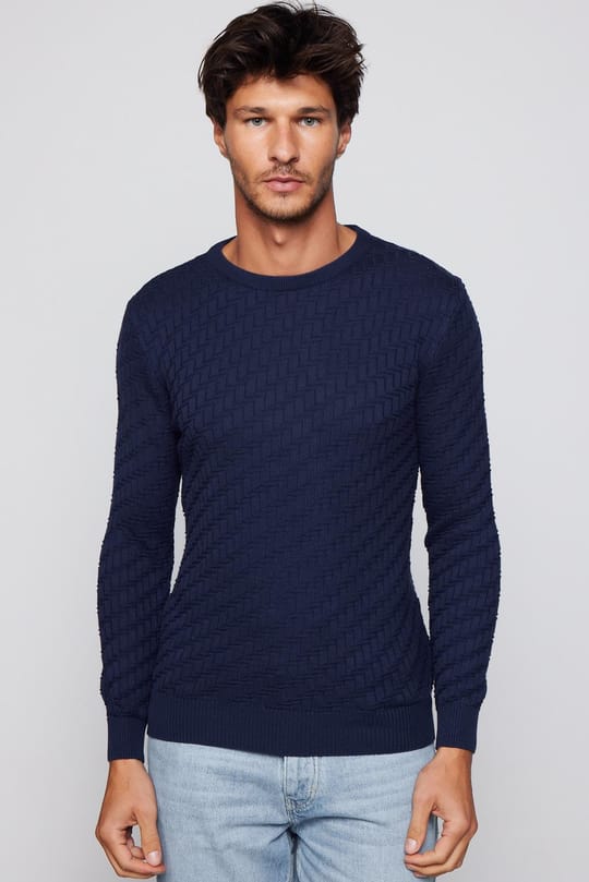 Erkek Slim Fit Dar Kesim Bisiklet Yaka Desenli Lacivert Triko Kazak