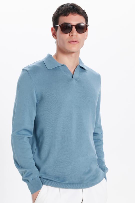Erkek Slim Fit Dar Kesim Polo V Yaka İndigo Triko Kazak