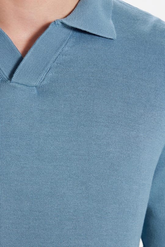 Erkek Standart Fit Normal Kesim Polo V Yaka İndigo Triko Kazak