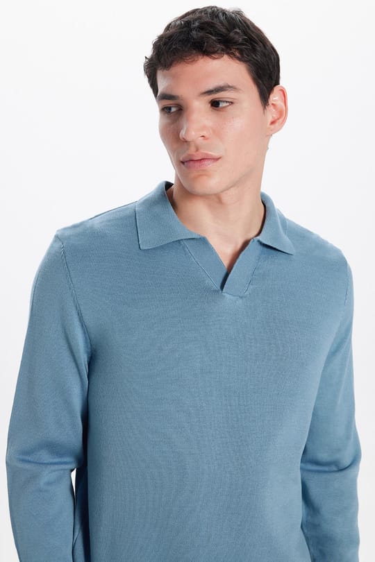 Erkek Standart Fit Normal Kesim Polo V Yaka İndigo Triko Kazak