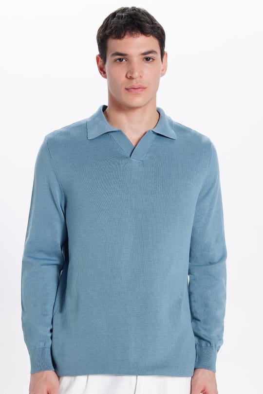 Erkek Standart Fit Normal Kesim Polo V Yaka İndigo Triko Kazak