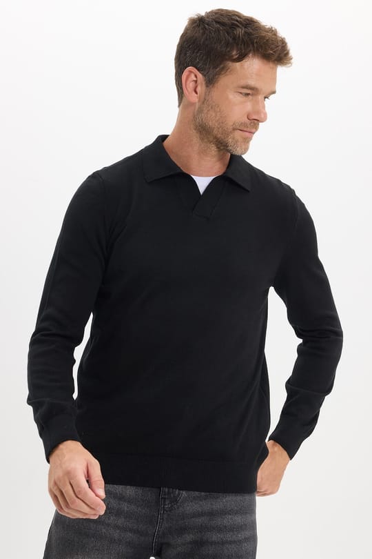 Erkek Standart Fit Normal Kesim Polo V Yaka Siyah Triko Kazak
