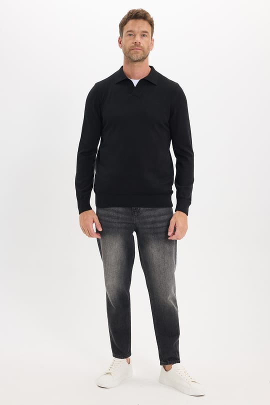 Erkek Standart Fit Normal Kesim Polo V Yaka Siyah Triko Kazak