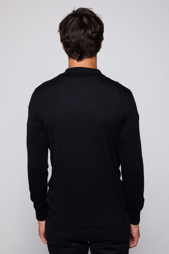 Erkek Standart Fit Normal Kesim Polo V Yaka Siyah Triko Kazak