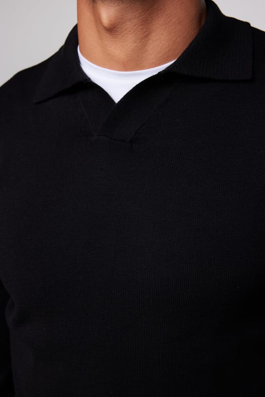 Erkek Standart Fit Normal Kesim Polo V Yaka Siyah Triko Kazak