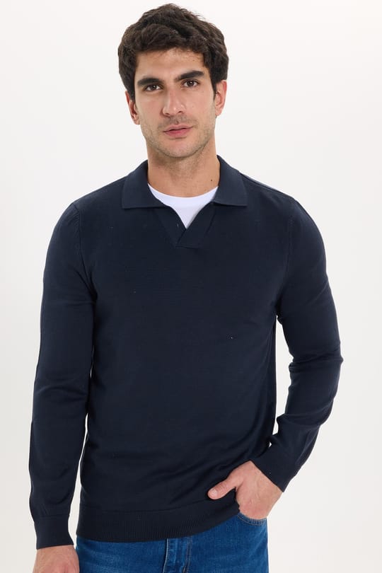 Erkek Standart Fit Normal Kesim Polo V Yaka Lacivert Triko Kazak