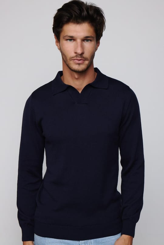 Erkek Standart Fit Normal Kesim Polo V Yaka Lacivert Triko Kazak