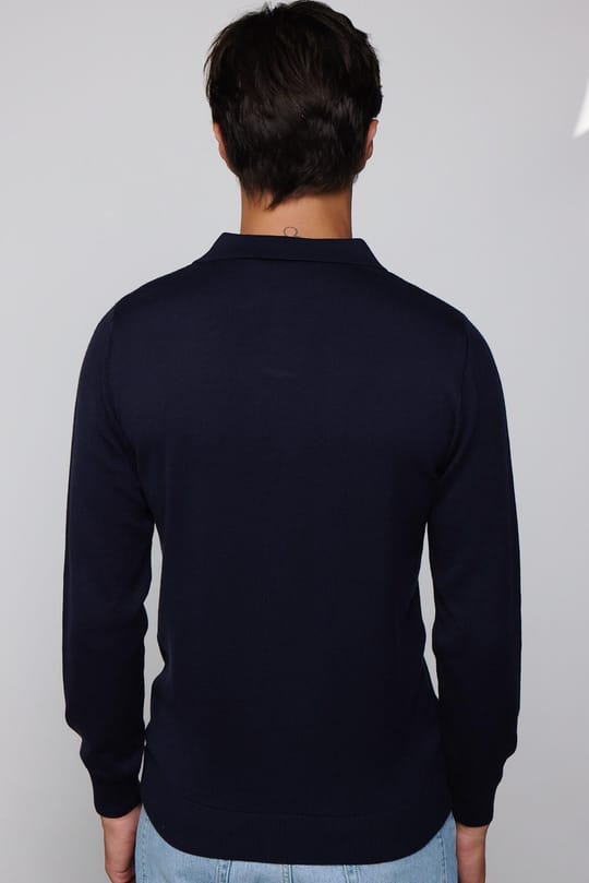 Erkek Standart Fit Normal Kesim Polo V Yaka Lacivert Triko Kazak