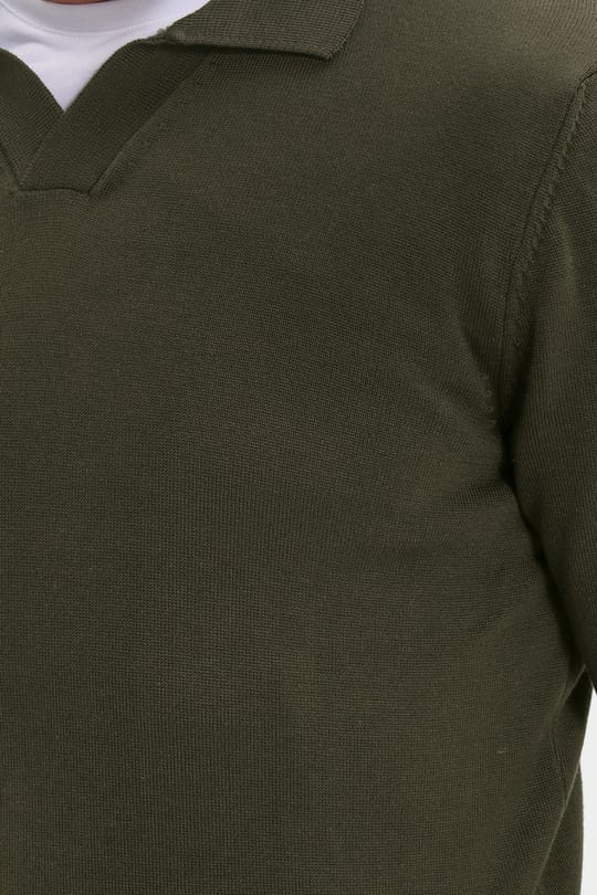 Erkek Standart Fit Normal Kesim Polo V Yaka Yeşil Triko Kazak