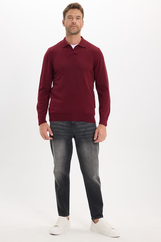 Erkek Standart Fit Normal Kesim Polo V Yaka Bordo Triko Kazak