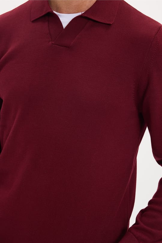 Erkek Standart Fit Normal Kesim Polo V Yaka Bordo Triko Kazak
