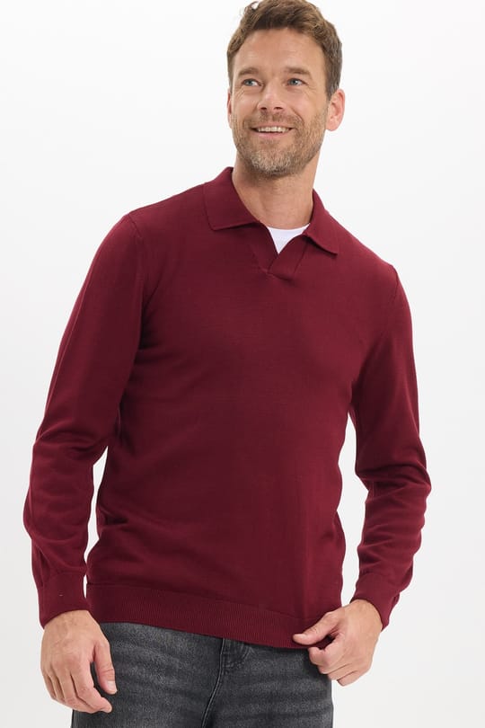 Erkek Standart Fit Normal Kesim Polo V Yaka Bordo Triko Kazak