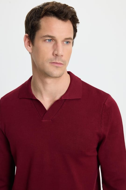 Erkek Standart Fit Normal Kesim Polo V Yaka Bordo Triko Kazak