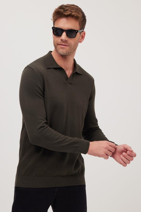 Erkek Standart Fit Normal Kesim Polo V Yaka Gri Triko Kazak