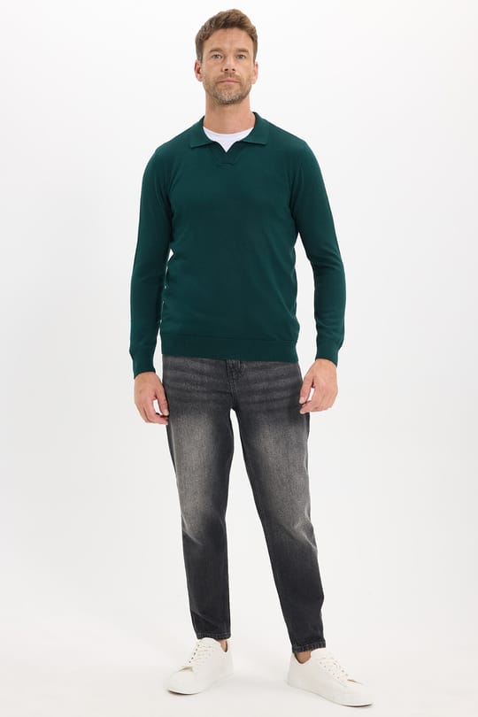 Erkek Standart Fit Normal Kesim Polo V Yaka Yeşil Triko Kazak