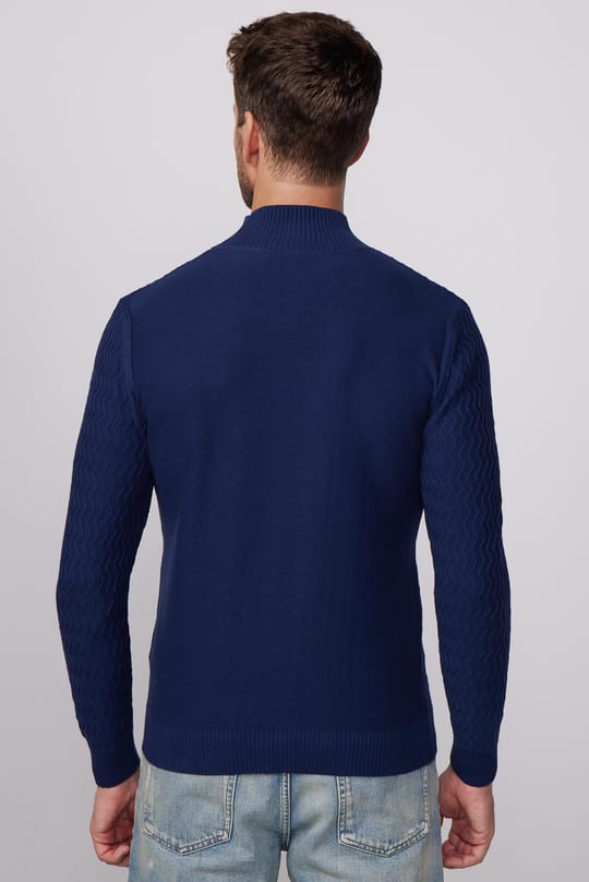 Erkek Slim Fit Dar Kesim Yarım Balıkçı Yaka Desenli Tüylenmeyen Lacivert Triko Kazak