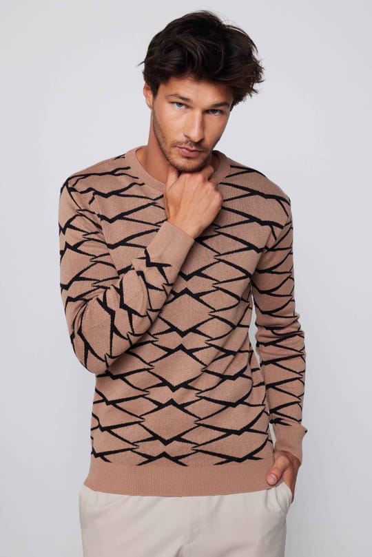 Slim Fit Dar Kesim Bisiklet Yaka Jakarlı Vizon-Siyah Erkek Kazak