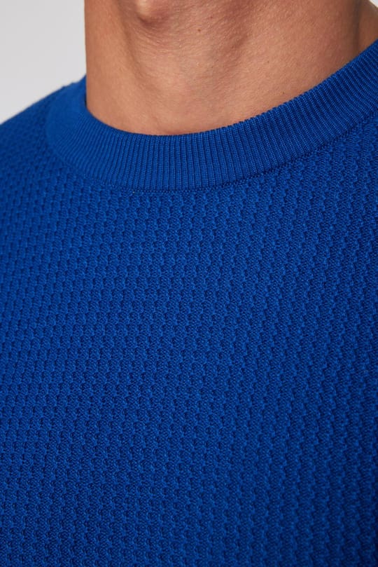Slim Fit Bisiklet Yaka Desenli Saks Mavi Erkek Kazak