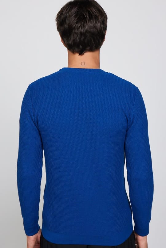 Slim Fit Bisiklet Yaka Desenli Saks Mavi Erkek Kazak
