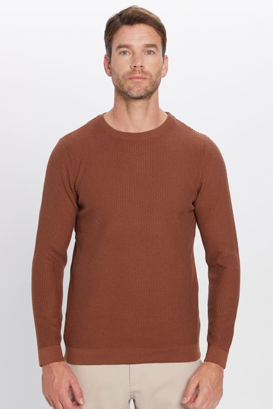 Slim Fit Bisiklet Yaka Desenli Taba Erkek Kazak