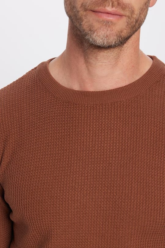 Slim Fit Bisiklet Yaka Desenli Taba Erkek Kazak