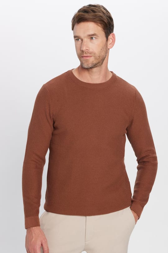 Slim Fit Bisiklet Yaka Desenli Taba Erkek Kazak