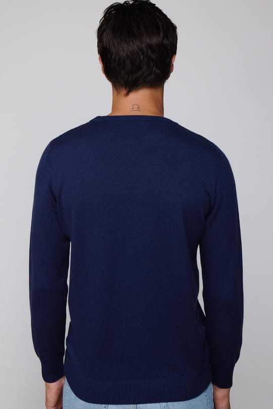 Slim Fit Bisiklet Yaka Desenli Lacivert Erkek Triko Kazak