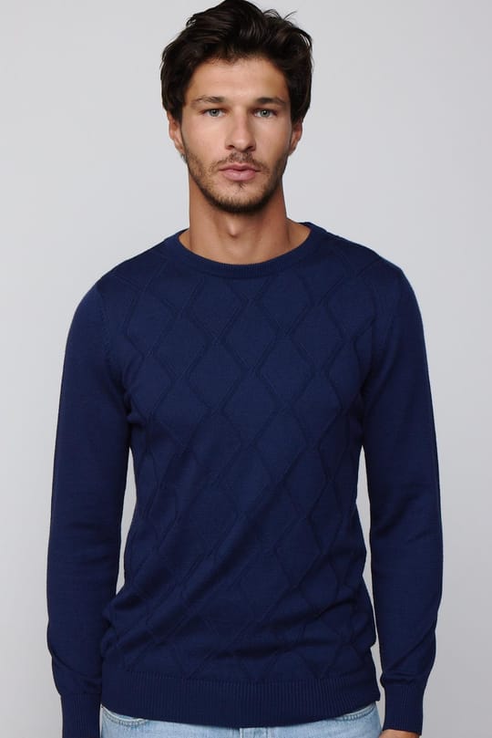 Slim Fit Bisiklet Yaka Desenli Lacivert Erkek Triko Kazak
