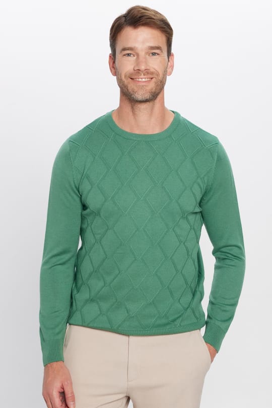 Slim Fit Bisiklet Yaka Desenli Yeşil Erkek Triko Kazak