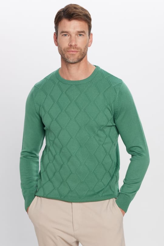 Slim Fit Bisiklet Yaka Desenli Yeşil Erkek Triko Kazak