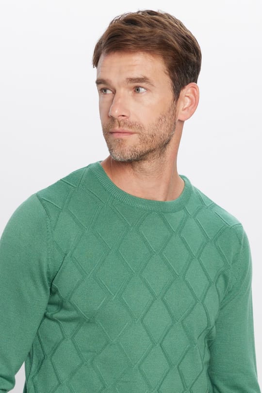 Slim Fit Bisiklet Yaka Desenli Yeşil Erkek Triko Kazak