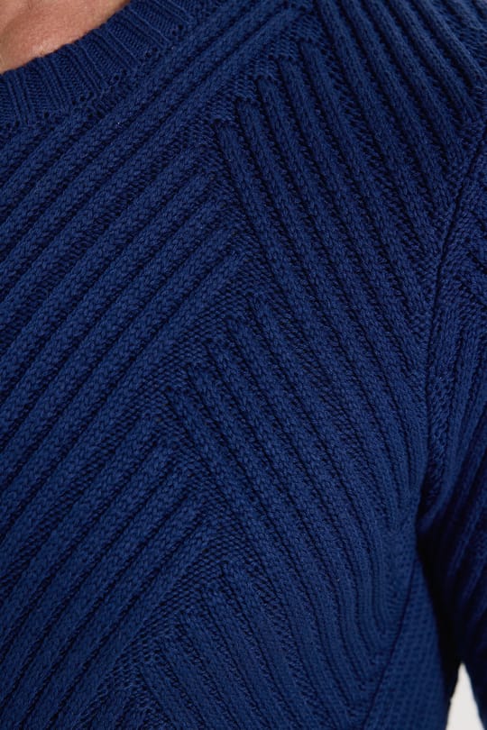Erkek Slim Fit Dar Kesim Pamuklu Desenli Yumuşak Dokulu Saks Mavi Bisiklet Yaka Kazak