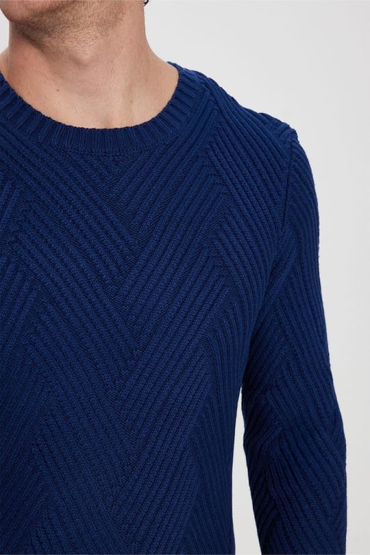 Erkek Slim Fit Dar Kesim Pamuklu Desenli Yumuşak Dokulu Saks Mavi Bisiklet Yaka Kazak