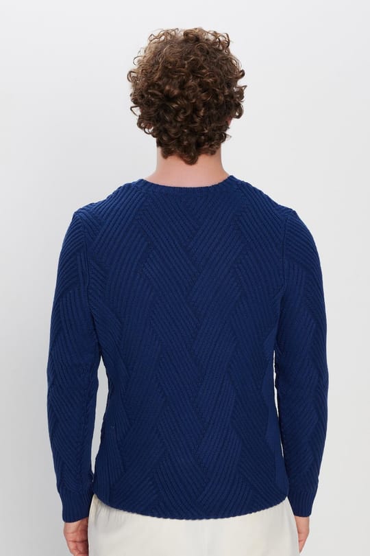 Erkek Slim Fit Dar Kesim Pamuklu Desenli Yumuşak Dokulu Saks Mavi Bisiklet Yaka Kazak
