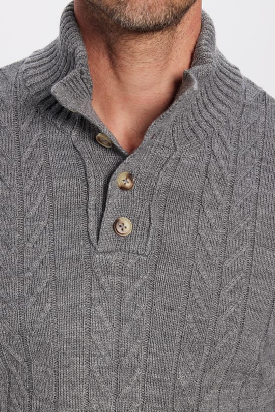 Erkek Slim Fit Dar Kesim Yumuşak Dokulu Desenli Dik Yaka Düğmeli Triko Gri Kazak