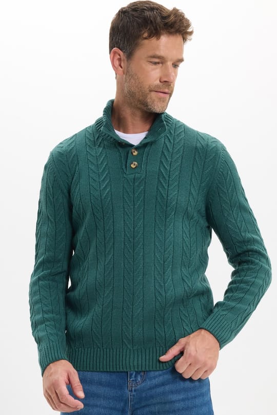 Erkek Slim Fit Dar Kesim Yumuşak Dokulu Desenli Dik Yaka Düğmeli Triko Yeşil Kazak